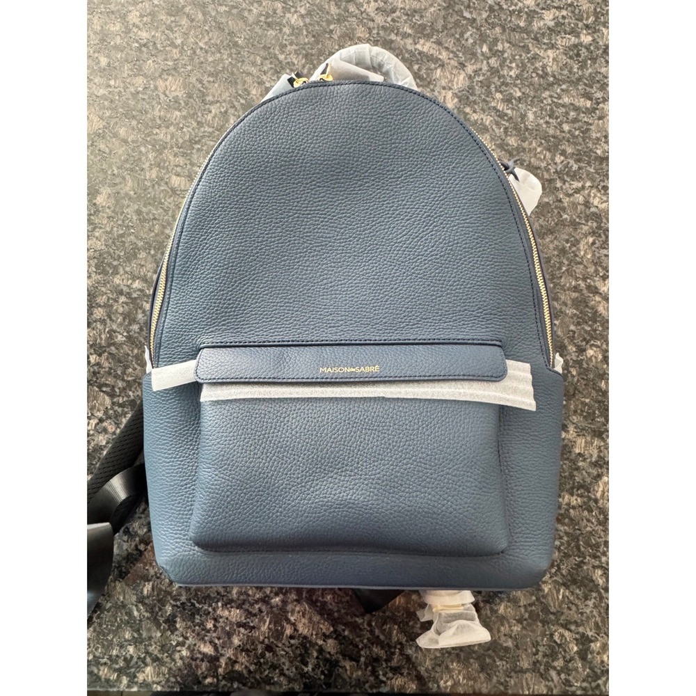 Maison de Sabré Large Backpack Slate Blue Pebbled Leather Gold Hardware NEW